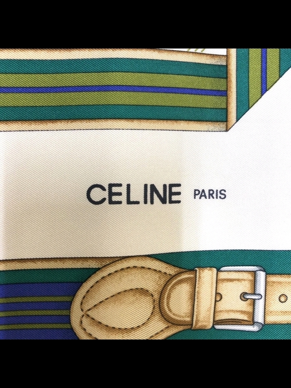 CELINE Paris Vtg Silk Scarf Equestrian Saddle Harness Motif Green Checkered 86cm - Picture 9 of 10